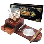 Wooden Cigar Ashtray Whiskey Coaster Set - Crefun CK2631 Detachable Ashtray Drawer, Cigar Cutter, 2 Cigar Holder, Cigar Accessories for Men, Gift for Cigar Enthusiasts, Compatible with Cigar Humidor