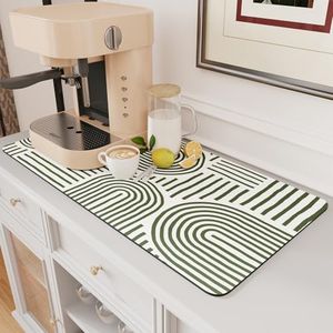 AMOAMI Coffee Mat Hide Stain Rubber Backed Absorbent Dish Drying Mat for Kitchen Counter - Fits Under Coffee Maker or Machine - Green Line 17x31.5