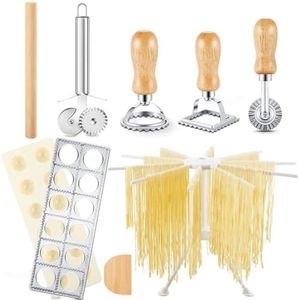 Geetery 8 Pcs Ravioli Mold Set Include 1 Ravioli Maker 1 Foldable Pasta Drying Rack 1 Wooden Ravioli Rolling Pin 1 Pizza Slicer 1 Dough Scraper 3 Pasta Stamps for Kitchen Pasta Making Tools