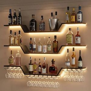 ZAOBAS Wall Mounted Wine Rack with LED Lights, 3-Tier Floating Bar Shelves, Hanging Liquor & Wine Glass Rack for Home Bar, Cafe, Dining Room Decor (Black, 47.2" W)
