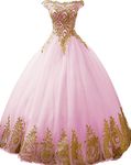 BessDress Gold Lace Appplique Quinceanera Dresses Long Sleeves Prom Ball Gown BD389, Pink Style 3, 16