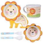 POLKA TOTS Eco Friendly Bamboo Fiber Dinner Set, 5 Pcs Tableware Crockery Set for Weaning Toddler & Self Feeding Baby Utensil Set for Baby Kids (Lovely Lion)