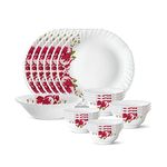 Larah by Borosil Rose Red Silk Series Opalware Dinner Set | 19 Pieces for Family of 6 | Microwave & Dishwasher Safe | Bone-Ash Free | Crockery Set for Dining & Gifting | Plates & Bowls | White