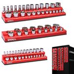 SHALL Magnetic Socket Organizer Set, 3-Piece SAE Socket Holders Include 1/4", 3/8", 1/2" Drive Socket Trays, Holds 68 Pieces Standard and Deep Size Sockets for Toolbox (Socket Not Included)