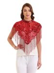 Women's Net Hand Bead Embroidery Designer Short Cape Poncho C7-16 (free size, Red)