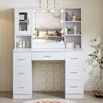 Saimeihome Dressing Table with Mirror, Large Vanity Table with Mirror, Adjustable Lighting, Makeup Desk with 7 Drawers, 4 Shelves, 1 Cabinets, 100x40x140cm