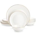 MALACASA Bone China Dinnerware Set, 12 Pieces Plates and Bowls Sets with Gold Rim, Dinnerware Sets for 4, Scratch Resistant Dinner Plates, Dessert Plates and Cereal Bowls, Ivory White Series JERA, JERA-GT-ST12