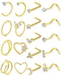 ONESING 18 Pcs 20G Gold Nose Rings for Women Nose Piercings Jewelry Surgical Stainless Steel Nose Rings Hoops Nose Studs Double Hoop Nose Rings L Shape Nose Studs Hypoallergenic Nostril Nose Piercing Jewelry for Women Men