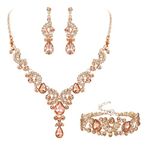 EVER FAITH Wedding Jewerly for Bride Crystal Art Deco Floral Wave Teardrop Bridal Necklace Earrings Bracelet Set Champagne Rose Gold-Tone