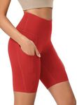 ODODOS 8" Tummy Control Yoga Shorts for Women with Pockets High Waist Running Workout Athletic Biker Shorts, Red, Medium