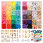 Quefe Clay Heishi Beads Bracelet Making Kit for Beginners, 5000pcs 36 Colors Polymer Flat Round Clay Beads Kit with 240pcs Letter Beads, Pendant Charms and Elastic Strings for Crafts