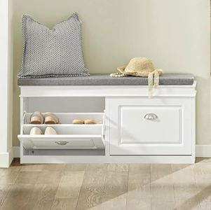 Haotian FSR64-W, White Storage Bench with Drawers & Padded Seat Cushion, Hallway Bench Shoe Cabinet Shoe Bench