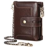 PAOFAM Wallet with Chain,Genuine Leather Purse RFID Blocking Bifold Double Zipper Coin Pocket with Anti-Theft Chain, Pickpocket Proof Chain Wallets for Men, Dark Coffee, Minimalist & Practical Design