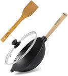 4BIG.fun Wok Frying Pan Diameter 24 cm 2.2 L Cast Iron with Wooden Handle Glass Lid Asia Wok Pan Induction Pan Spatula