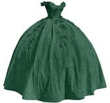 WIOJEIGO Long Quinceanera Dresses Tulle Sweet 16 Prom Gowns Puffy for Women Off The Shoulder with Floral Appliques, Emerald Green, 18