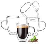 Ulrikco 350ML Double Walled Glass Coffee Mugs with Handle, Clear Cappuccino Glass Mug Set of 4, Insulated Drinking Glass Coffee Cups, Espresso Mug Cups, Heat Resistant Dishwasher Safe