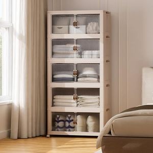 SAILUN 159Gal/635Qt Stackable Storage Bins Folding Collapsible Storage Bins with Lid, Closet Organizers and Storage Box with Door Beige 28" W x 17" D x 75" H