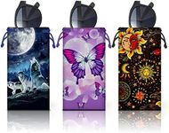 WIRESTER Set of 3 Polyester Sunglasses Pouch, Eyeglasses Soft Case - Celestial Sun Moon And Stars, Wolf And Moon, Pink Purple Butterfly