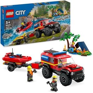 LEGO City Camión de Bomberos 4x4 con Barco de Rescate de Juguete para Niños y Niñas de 5 Años o Más, Lancha Motora, Remolque, Tienda de Campaña y Minifiguras de Excursionista y 2 Bomberos 60412