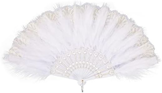 MWOOT Marabou Feather Fan, 1920s Embroidered Flower Handheld Feather Fan, Roaring 20s Vintage Style Flapper Hand Fan for Costume Halloween Dancing Show Tea Party Wedding Decoration - White