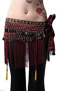 ZLTdream Women's Belly Dance Tribal Hip Scarf with Fringe Coins Flannel Dark Red Plus Size