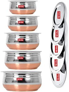 Nirvika Steel Handi Set 5Pc Pcs Piece Mirror Satin Copper Bottom Milk Pot Pan/Biryani Tope/Punjabi Pateli/Tapeli/Cookware Set Of 5 Pieces Size: 1.500 L,1.200 L,1.000 L,0.800 L,0.500 L (Urli),1500Ml