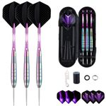 sanfeng Pro 3 Pack 24 Grams Steel Tip Darts Set With Colorful Brass Barrel, Purple Aluminum Shafts 9pcs Standard Flights + 50pcs Rubber O-Rings + 12pcs Spring Rings + 1pcs Dart Sharpener Tool