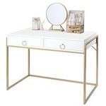 Anmytek Home Office Writing Desk 2 Drawers Storage, Contemporary Makeup Vanity Table Study Desk, W/Matte White and Gold Finish Frame D0003