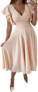LYANER Women's Warp V Neck Ruffle Short Sleeve A Line Swing Flared Cocktail Party Midi Dress, Beige Solid, Small