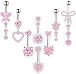 BSJ4U 8Pcs Pink Belly Button Ring Dangle Navel Belly Piercing Jewelry Cute CZ Butterfly Heart Flower Bow Navel Belly Rings for Women 14G Hypoallergenic Surgical Stainless Steel Dainty Dangling Dangly Belly Button Piercing Pack