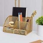 Martha Stewart Ryder Gold Mesh Metal Small Desktop Organizer for Office Accessories, Notebooks, Pen Holder and Drawer