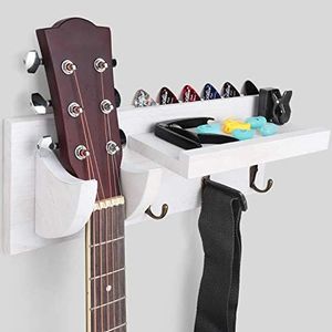 Bikoney Guitar Wall Hanger Guitar Holder Wall Mount Bracket Hanger Guitar Wood Hanging with Pick Holder and 3 Hooks Vintage White, [U.S. Patent]