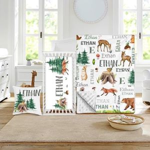 Duckbe Custom Crib Bedding Set - Woodland Animals Design Personalized Name Baby Nursery Bed 3 Pcs Set - Chic Soft Blanket with Dotted Backing, Sheet, Pillowcase for Newborn Girls Boys Gifts Color13