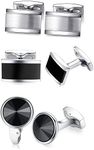 HONEY BEAR 3 Pairs Round Crystal Cufflinks Set - Rectangle Stainless Steel for Men's Shirt Wedding Business Gift, Silver Black (with Box)