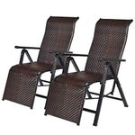 COSTWAY 1/2PCS Rattan Folding Reclining Chair, Adjustable Positions Zero Gravity Sunlounger with Wide Armrest and High Backrest, Garden Beach Foldable Wicker Chairs (2 PCS)