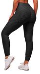 Memoryee Women's Honeycomb Waffle Leggings Ruched Butt Lift High Waisted Chic Sport Tummy Control Plus Size Workout Gym Yoga Stretchy Pants/Black/M