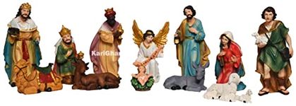 KariGhar Resin Crib Set Idol Statue for Christmas Nativity Scene, Pack - Crib House, Mary, Joseph, Baby Jesus, Angel, 3 Wise Men, The Shepherd, 7 Animals, Set of 15, 10 Inch