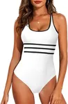 Aleumdr Women's Color Block One Piece Athletic Swimsuit Sports Tummy Control Cheeky High Cut Bathing Suits White X-Large