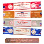 Satya Nag Champa Incense Sticks - 4 unique and premium flavours - Dragons Blood, Sandalwood, White Sage and Agarbatti and comes with SAMASIA incense holder