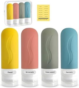 Emilianna Ros 4 Botes de viaje rellenables de Silicona de 90 ml + Neceser transparente + Identificador de envases | Artículos esenciales para viajar | Botes para gel y champú (Multicolor)