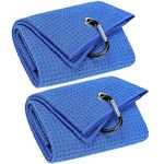 VIVIDLY 2 Pack Tri-fold Golf Towels, Premium Microfiber Fabric Waffle Pattern with Black Heavy Duty Carabiner Clip, Blue Golf Towels for Golf Bags for Men (Blue)