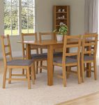 Hallowood Furniture Camberley Oak Butterfly Extendable Dining Table and Chairs Set 6, Wooden Kitchen Table with Ladder Back Chairs in Light Grey Fabric Seats for Home and Café