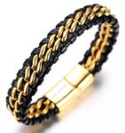 HALUKAKAH ● Solo ● Men's Genuine Leather Titanium Bracelet Black & Golden 8.46"(21.5cm) with Free Giftbox