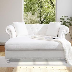 Vaztrlus 63" Chesterfield Double Chaise Sofa, Velvet Chaise Lounge Chair Indoor with 2 Pillows andRolled Arm Oversized Loveseat Sofa (White)