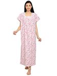 TAAUSHA Lace Work Printed Square Neck Western Ladies Maxi Night Gown Nighty for Women Cotton Sleep Wear Night Dress Full Ankle Length_Pink_Free Size