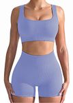 Seamless Ribbed Yoga Gym Workout Sets for Women 2 Piece, Cute Summer Crop Top and High Waist Leggings Matching Workout Set, Two Piece Workout Shorts Outfits with Removable Pad Bra (L, Purple Blue)