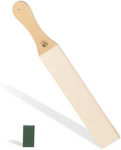 Large Leather Strop for Knife Sharpening, Double-Sided Paddle Strop with Green Polishing Compound Wood Handle Stropping Block for Honing Knives, Chisels Woodcarving Tools, for Finisolva Diamond Pastes