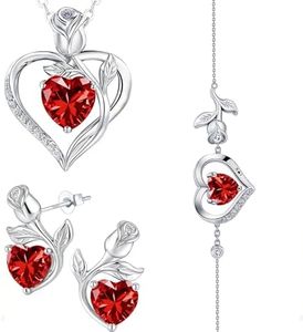 JACUPO Rose Heart Necklace Earrings Bracelet Set Moissanite/Lab-Grown Sapphire/Ruby Options S925 Silver Plated 18K White Gold Engraved I LOVE YOU Ideal for Mother's Day Proposal Gift for Girlfriend Wife (Necklace 1.2CT / Earrings 0.8CT) (Ruby Silver 3Pcs Set)