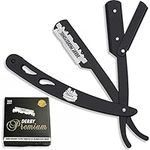 The Shave Factory Professional Barber Straight Edge Razor Safety | with 100-Pack Derby Blades | (Black / 100 Derby Premium Single Edge Razor Blades)