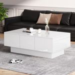 BTM Coffee Table for Living Room, High Gloss Coffee Table with 2 Drawers and 2 Big Storage Space, White Side Table Wooden Centre Table for Home Office, 100 * 55 * 35 cm